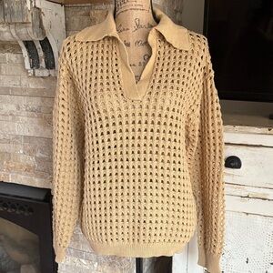 Andthewhy tan collared open knit long sleeve vneck sweater